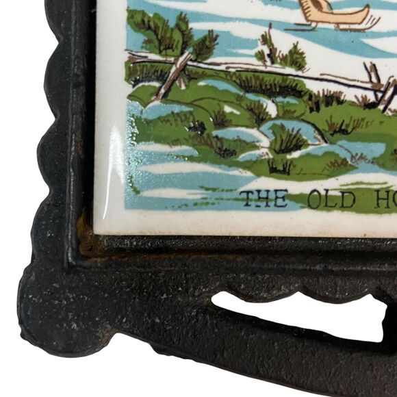 Vintage Currier and Ives Kitchen Cast Iron Tile Trivet "The Old Homestead" Japan - Picture 9 of 14